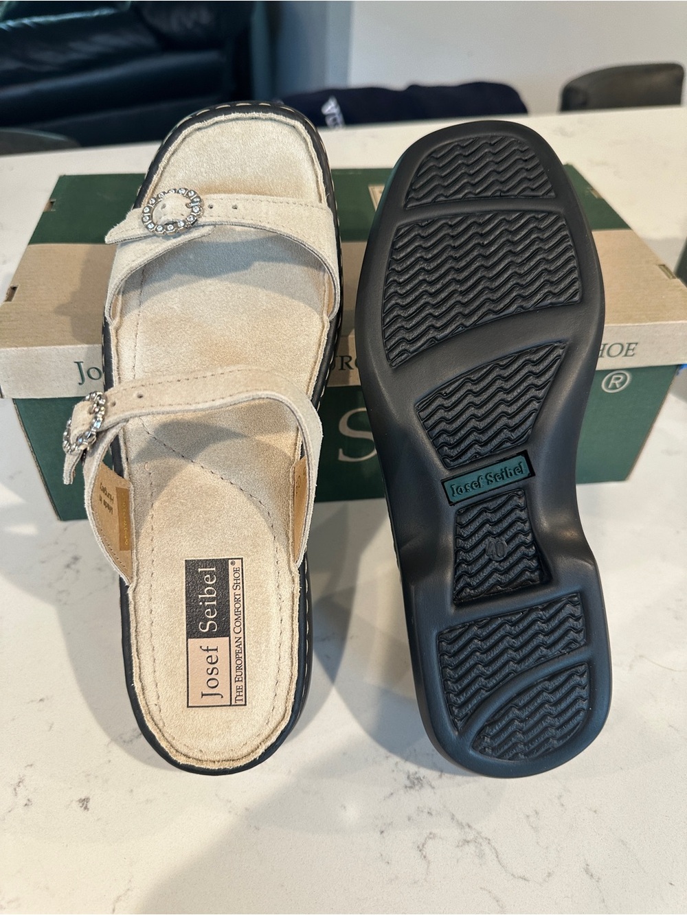 Josef Seibel Beige Suede Double-Buckle Slide Mules